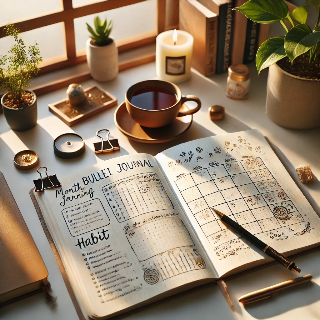DALL·E 2024-10-30 16.14.00 - A peaceful image for a bullet journaling website. The scene shows an open bullet journal with layouts for monthly planning, habit tracking, and creati