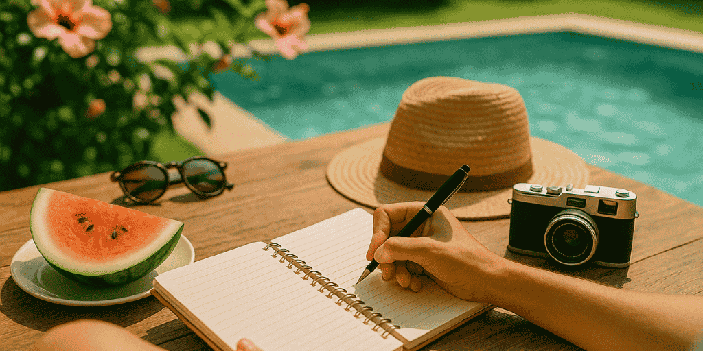 Stilles Sommer-Setting mit Journal, Sonnenhut und Stift – Einladung zur Reflexion
