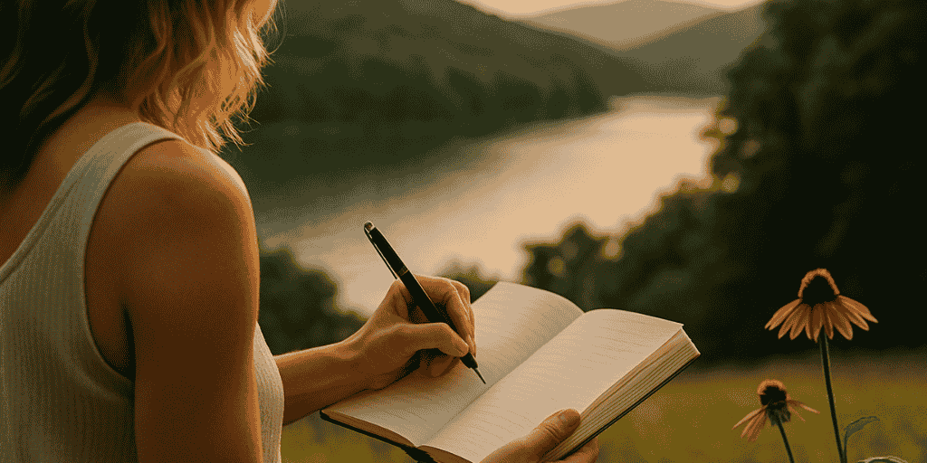 Schreibszene mit Journal im Freien – bewusster Start in den Tag im Sommer