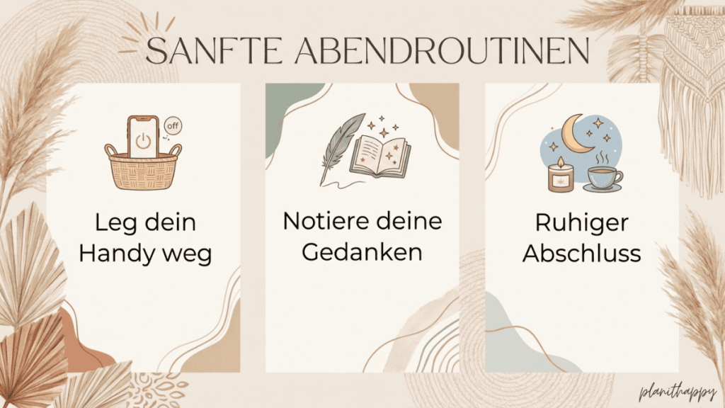 Illustration für Abendroutinen: Handy im Korb, Notizbuch mit Feder und Mond‑Tasse‑Symbol, jeweils mit kurzen Tipps darunter. Sanfte Naturfarben im Hintergrund.