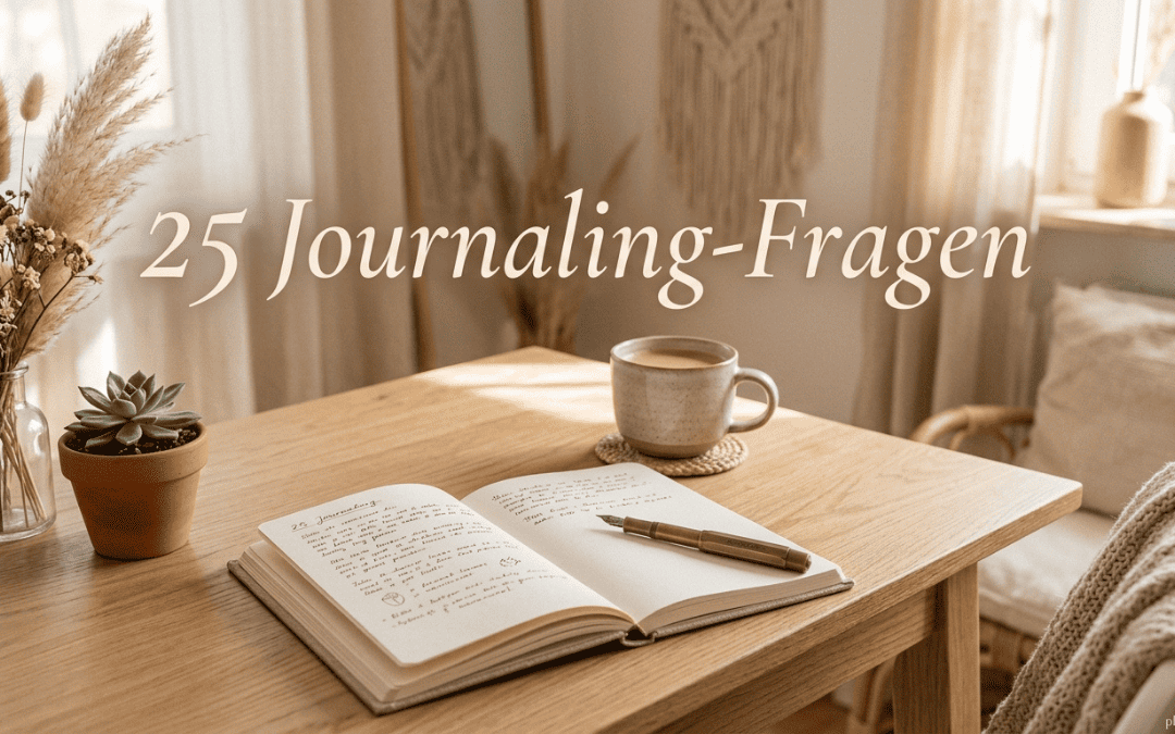 Ein heller Raum mit einem Holztisch, einem aufgeschlagenen Journal, einem Stift, einer Kaffeetasse und Pflanzen; der Titel 25 Journaling‑Fragen beschreibt die Szene eines achtsamen Schreibrituals.