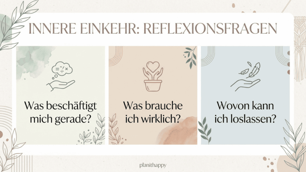 Ein harmonisches Layout mit Pastellflächen, Pflanzenmotiven und drei Fragen, die zum Nachdenken über Bedürfnisse und Loslassen einladen.