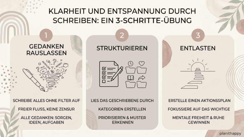 Illustration einer 3‑Schritte‑Übung zum Schreiben für mehr Klarheit: Gedanken notieren, ordnen und einen Entlastungsplan erstellen.