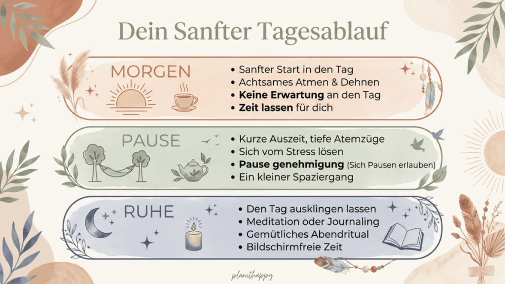Ruhige, naturinspirierte Darstellung eines Tagesplans mit Textfeldern zu Morgen, Pause und Ruhe, verziert mit weichen Farben und Illustrationen von Sonne, Bäumen und Mond.