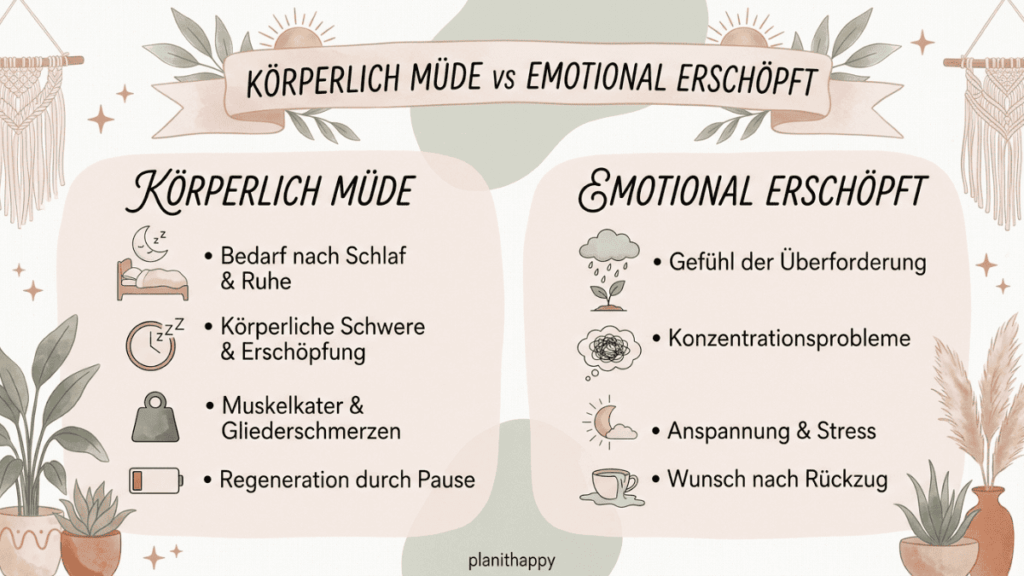 Grafische Darstellung mit Pflanzen und warmen Farben. Links werden Anzeichen für körperliche Müdigkeit gezeigt, rechts Merkmale emotionaler Erschöpfung.