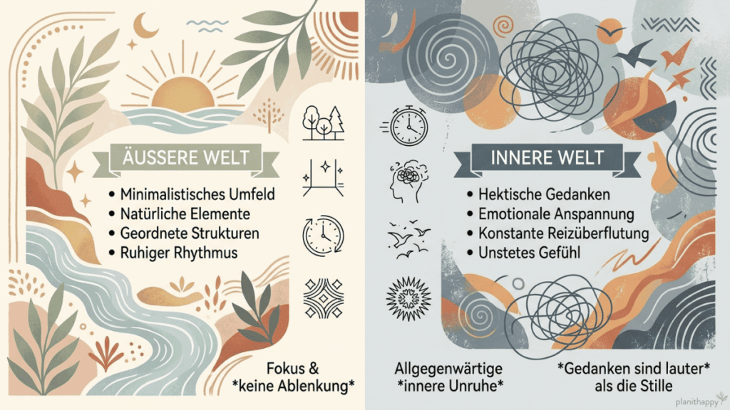 Darstellung zweier Welten: links sanfte Naturformen und klare Strukturen für Ruhe und Ordnung; rechts wirre Linien, Symbole und bewegte Farben für gedankliche Unruhe und Anspannung.