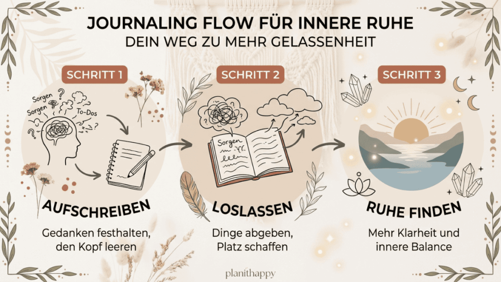 Illustration mit drei Schritten zum Journaling: Aufschreiben, Loslassen und Ruhe finden, jeweils dargestellt mit Notizbuch, Symbolen für Sorgen und einer ruhigen Landschaft.
