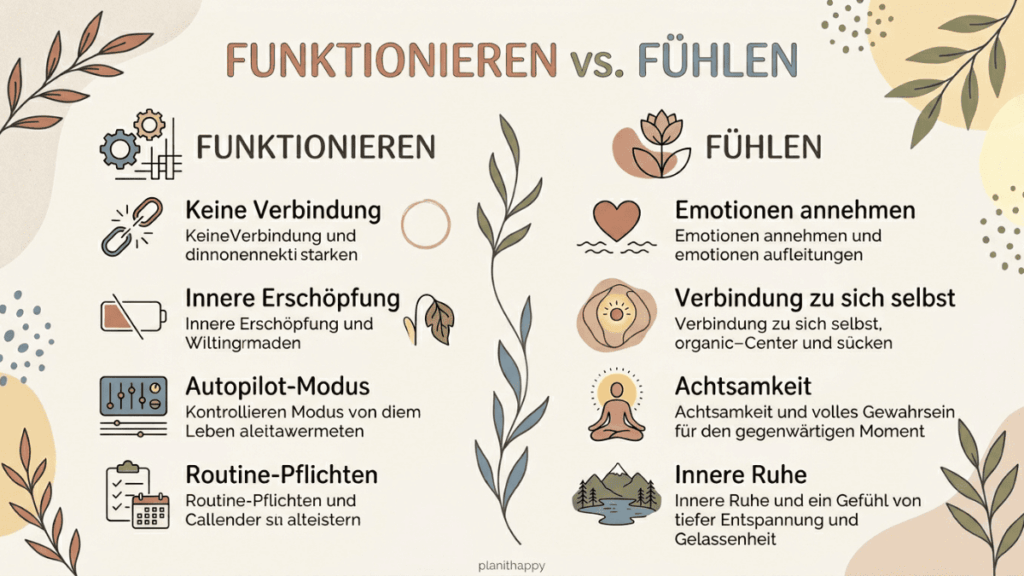 Grafik mit zwei Spalten, die den Unterschied zwischen ‚Funktionieren‘ und ‚Fühlen‘ zeigen. Links stehen Begriffe wie keine Verbindung, innere Erschöpfung, Autopilot-Modus und Routine-Pflichten, rechts stehen Emotionen annehmen, Verbindung zu sich selbst, Achtsamkeit und innere Ruhe. Begleitet von kleinen Illustrationen und Pflanzenmotiven.