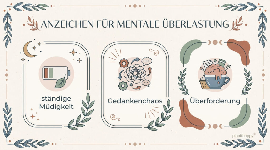 Infografik zu mentaler Überlastung bei Frauen, typische Anzeichen wie Erschöpfung, Gedankenchaos und innere Unruhe
