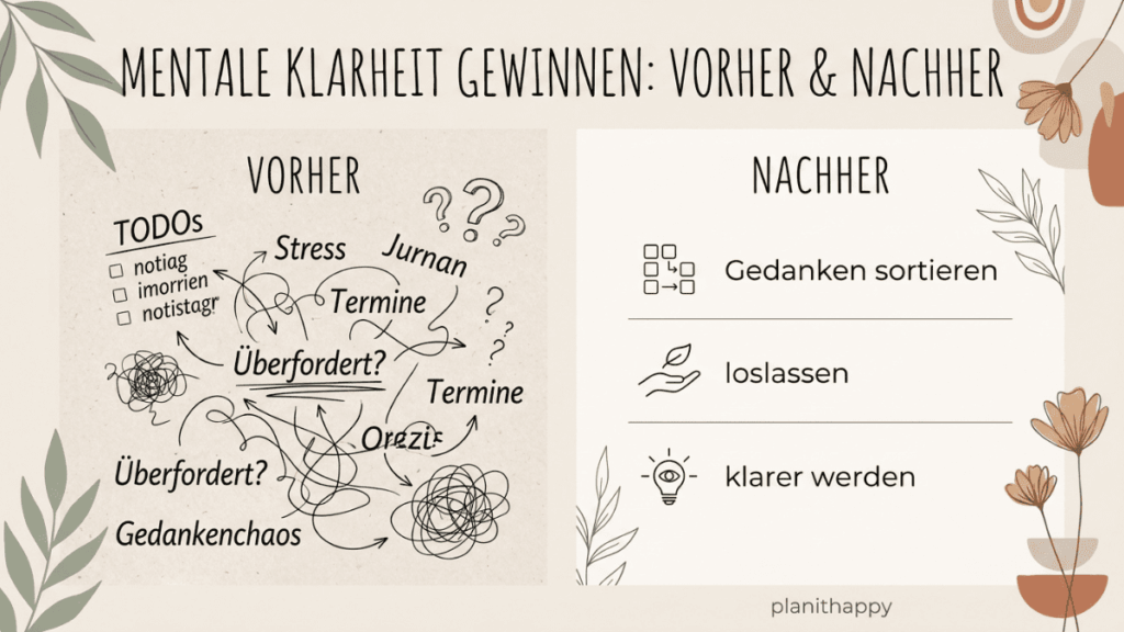 Darstellung eines Vorher-und-Nachher-Vergleichs: Links wirres Gedankenchaos mit Notizen, Kritzeleien und Fragezeichen. Rechts klare, strukturierte Punkte als Symbol für Ruhe und Fokus.