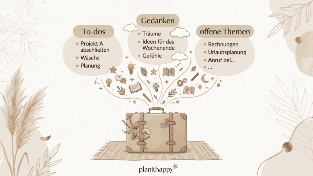 Sanfte Zeichnung eines Reisekoffers, aus dem Notizen, Symbole und Ideen herausschweben.