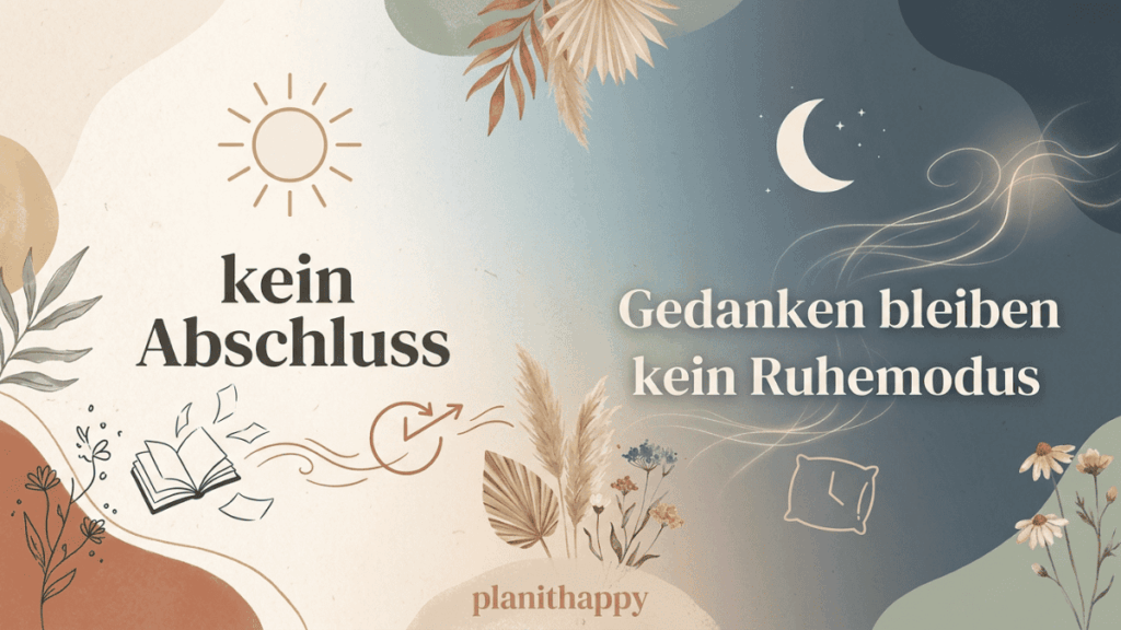 Illustration mit Sonne und Mond, sanften Farben und Pflanzenmotiven. Links ein geöffnetes Buch und der Text ‚kein Abschluss‘. Rechts schwebende Linien, ein kleines Blatt und der Text ‚Gedanken bleiben, kein Ruhemodus‘.