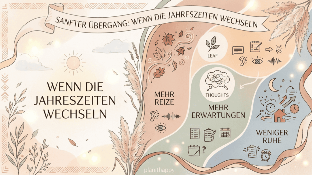 Grafische Darstellung, die zeigt, wie sich der Übergang zwischen Jahreszeiten auf Reize, Erwartungen und Ruhe auswirken kann, umrahmt von Natur-Elementen.
