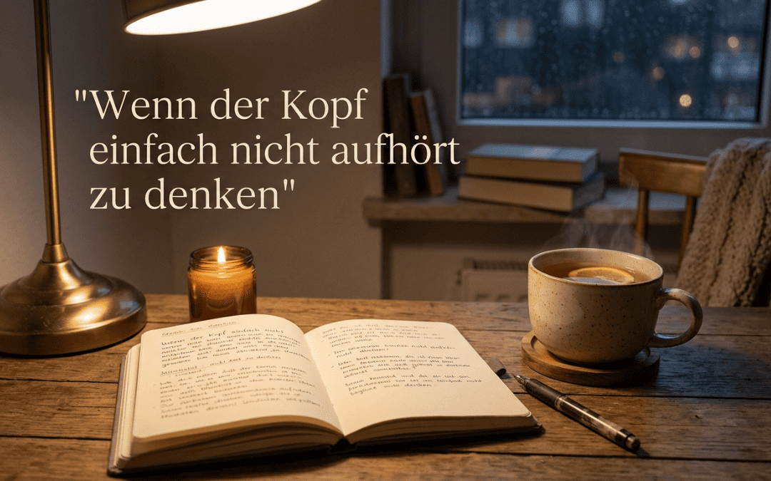 Ein gemütlicher Schreibtisch bei Abendlicht mit offenem Notizbuch, Kerze und warmem Getränk. Daneben steht der Titel: "Wenn der Kopf einfach nicht aufhört zu denken".