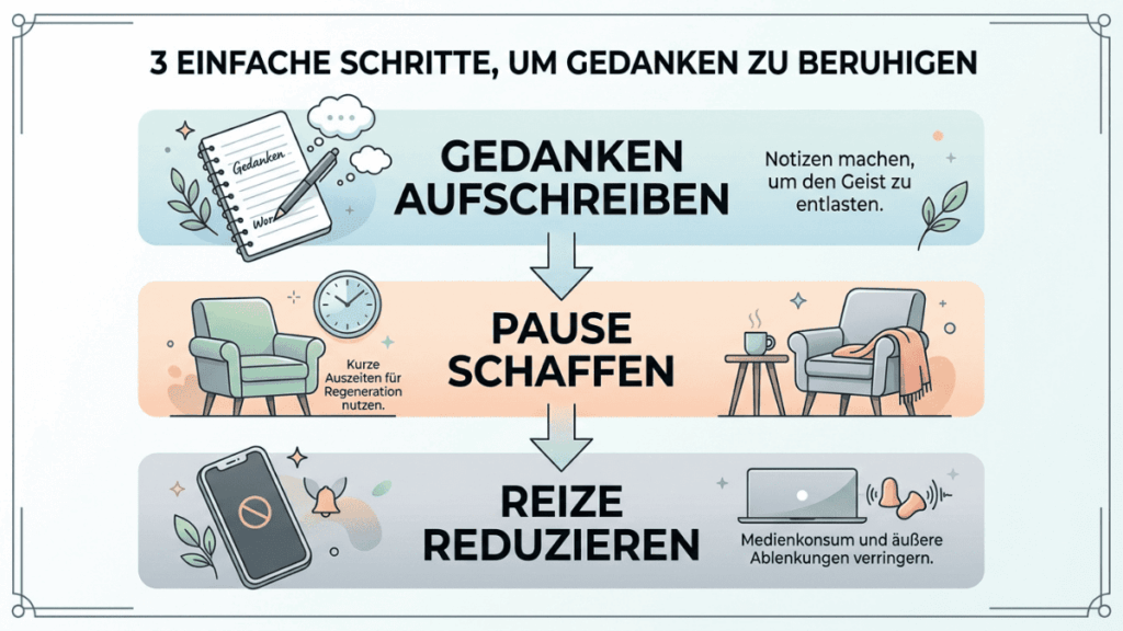 Grafik mit drei Schritten zum Beruhigen von Gedanken: Gedanken aufschreiben, eine Pause schaffen und Reize reduzieren. Jeder Schritt wird mit passenden Illustrationen wie Notizbuch, Sessel und Smartphone gezeigt.