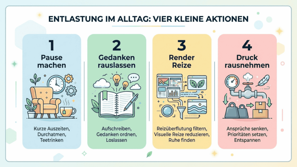 Illustration mit vier farbigen Kästen, die kleine Maßnahmen zur Entlastung im Alltag erklären: Pause machen, Gedanken rauslassen, Reize reduzieren und Druck rausnehmen, jeweils mit kleinen Symbolzeichnungen.