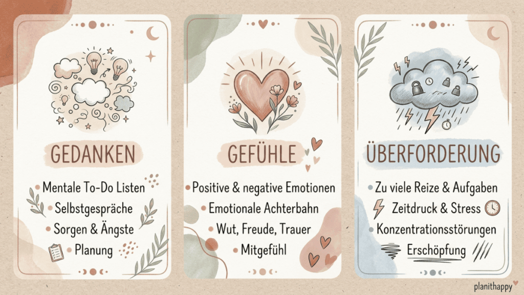 Drei sanft illustrierte Bereiche: Gedanken mit einer Wolke, Gefühle mit einem Herz und Überforderung mit einer Gewitterwolke. Jede Karte zeigt passende Stichpunkte zu inneren Zuständen.