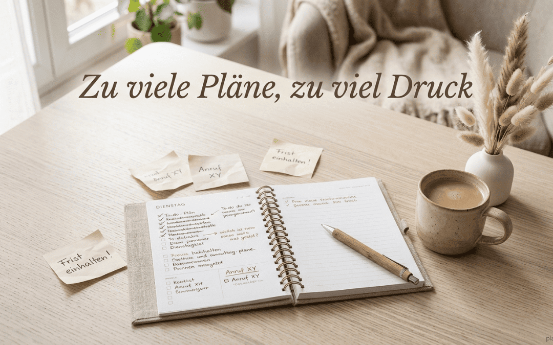 Titel: Zu viele Pläne, zu viel Druck. Alt‑Text: Auf einem hellen Tisch liegen ein geöffnetes Aufgabenbuch, Haftnotizen und eine Tasse Kaffee. Die ruhige Umgebung kontrastiert mit der Menge an To‑dos, die Stress vermitteln.