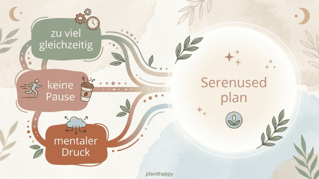 Grafik im Aquarellstil: Pfeile führen von drei Stresspunkten in einen zentralen Kreis namens Serenused plan. Blätter und sanfte Pastelltöne schaffen eine ruhige Stimmung.